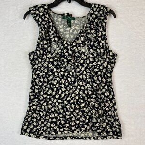 Lauren Ralph Lauren Shirt Womens Large Black White Floral Ruffle Sleeveless Top